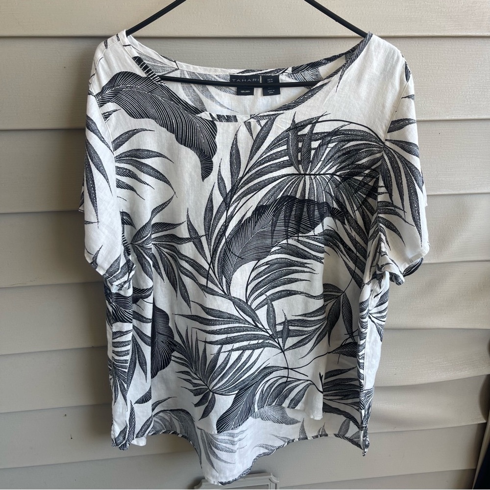 Tahari Womens‎ Linen Top Size 1X Resort Boho Natural White Black Summer